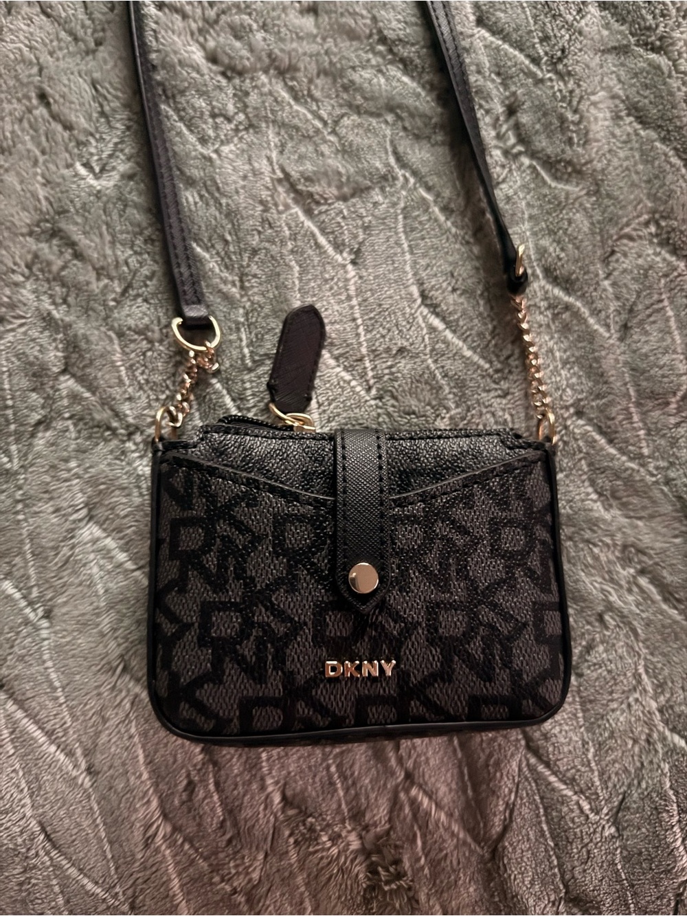 DKNY Black Logo Print Crossbody Bag with Gold Hardware